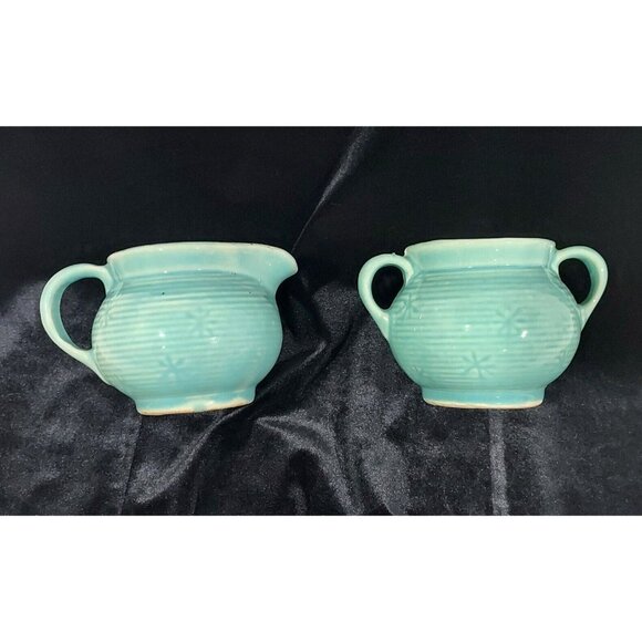 Shawnee MCM Made In USA Creamer & Sugar Bowl Snowflake Turquoise Blue Star Burst - Picture 5 of 15